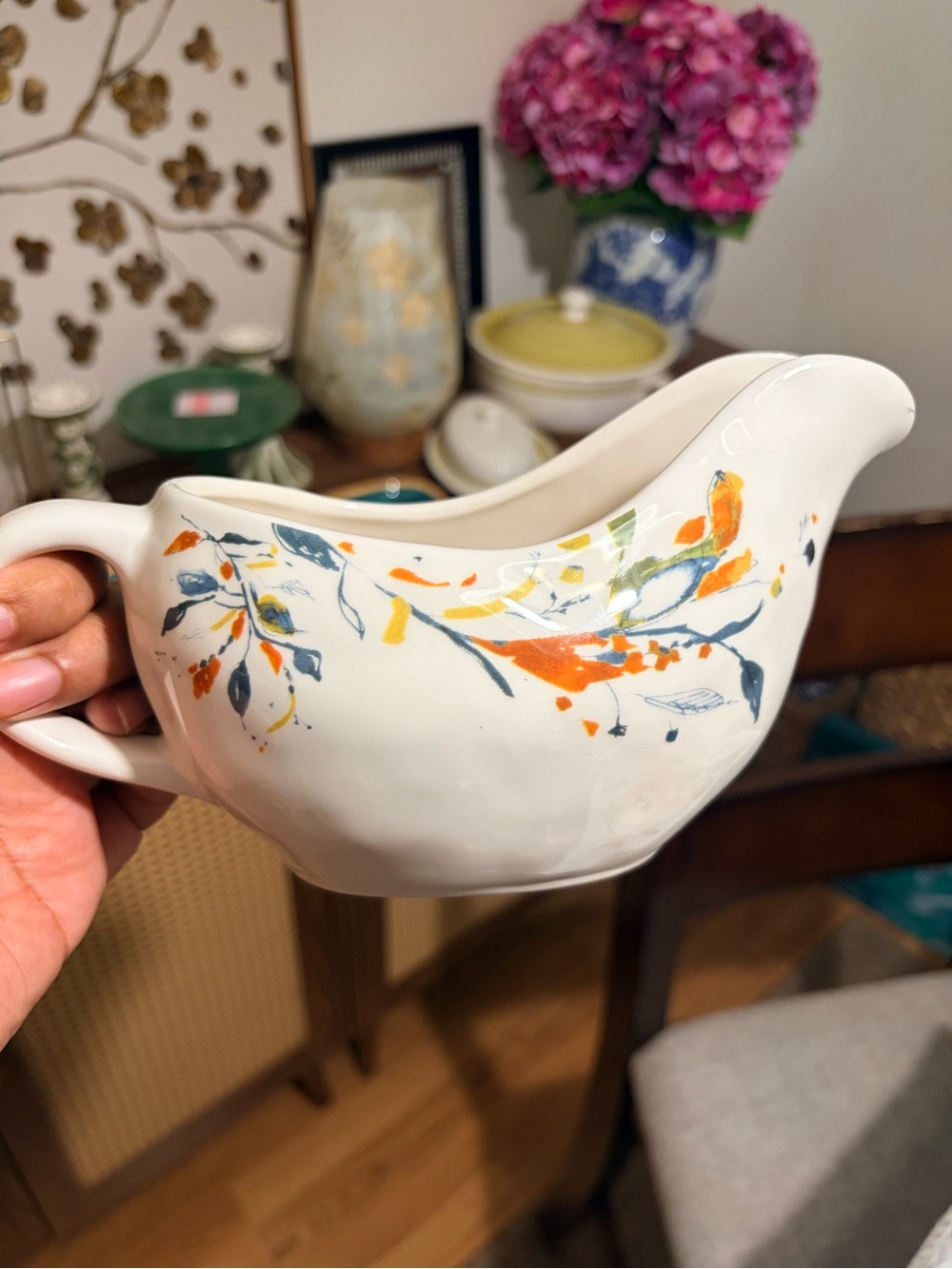 Hand-Painted Floral White Ceramic Gravy Boat with Orange and Blue Accents